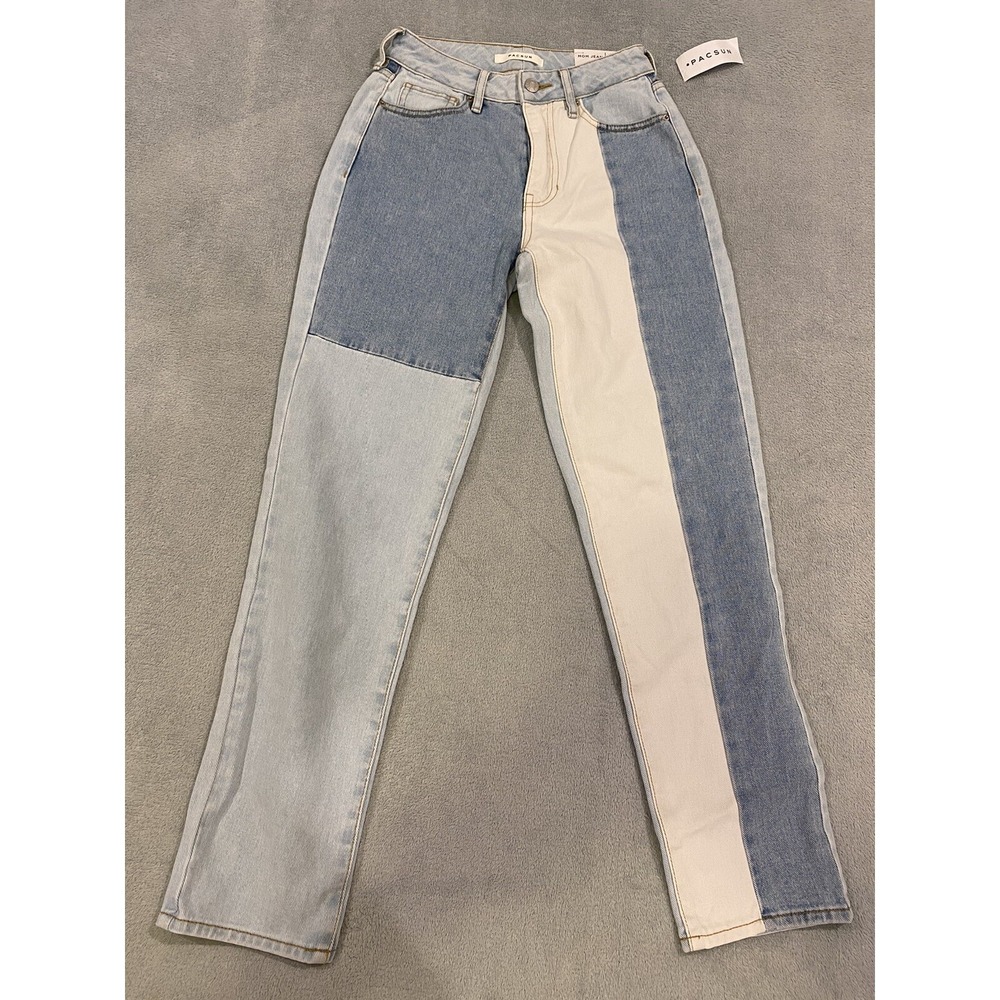 PACSUN Mom Jeans Women Size 23 Two Tone 23x28 Blue Light Wash Faded‎ NWT $60